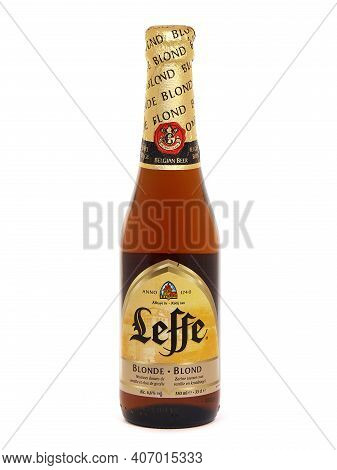 Bucharest, Romania - August 4, 2017. Bottle Of Leffe Blonde Beer. Leffe Is A Premium Beer Brand Owne