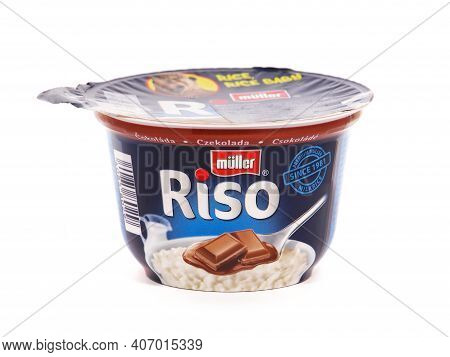 Bucharest, Romania - August 17, 2017. Muller Riso, Rice Pudding Dessert With Milk And Chocolate
