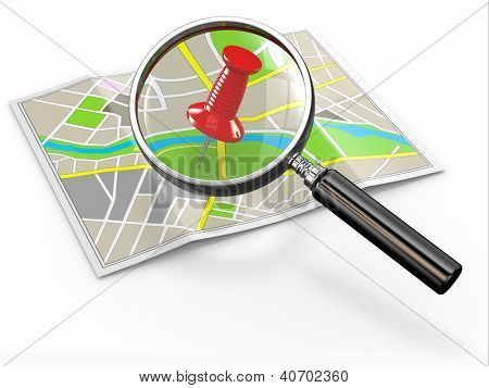 Trovare la posizione. Lente di ingrandimento e puntina sulla mappa. 3D