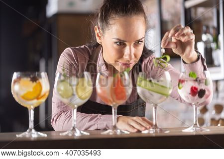 Broad Selection Of Gin Tonic Drinks Made On A Bar By A Good-looking Barmaid.