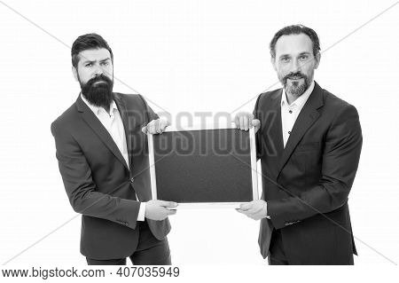 Educational Project. Businessmen Hold School Blackboard. Corporate Business Education. Study Busines