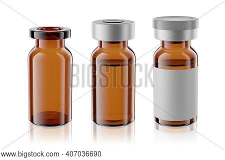 8r Vaccine Brown Glass Injection Vials Set Isolated On White Background. 3d Rendering Mockup.