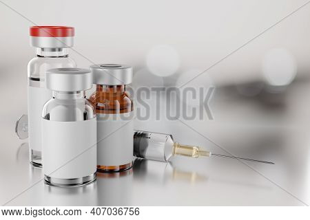 Vaccine Vials And Disposable Syringe For Injection On Gray Blur Background. 3d Rendering Illustratio