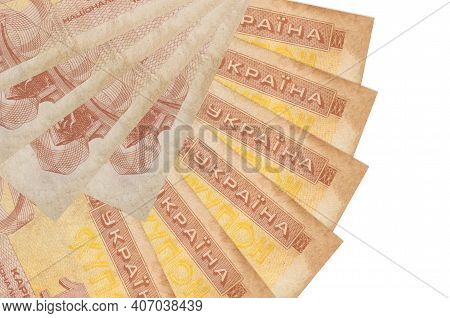 1 Ukrainian Coupon Bills Lies Isolated On White Background With Copy Space Stacked In Fan Shape Clos
