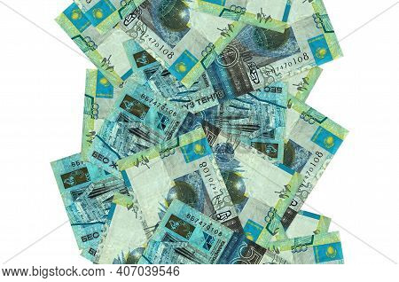500 Kazakhstani Tenge Bills Flying Down Isolated On White. Many Banknotes Falling With White Copy Sp