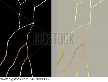 Gold Kintsugi Vector Texture. Broken Ceramic Background. Kintsugi Crack Vector Illustration.