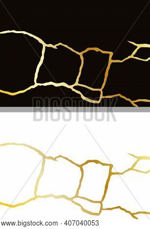 Gold Kintsugi Vector Texture. Broken Ceramic Background. Kintsugi Crack Vector Illustration.