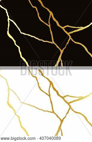 Gold Kintsugi Vector Texture. Broken Ceramic Background. Kintsugi Crack Vector Illustration.