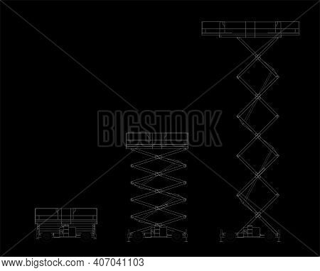 Set Of Scissors Lifting Platform Isolated On White Background. Hydraulic Lift. Vector Illustration.
