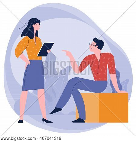Young People, Man And Woman Taking Part In Business Meeting, Negotiation, Talking To Each Other In T