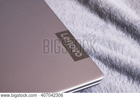 Novopolotsk, Belarus - 06 February, 2021: Lenovo Ideapad Laptop On A Gray Background