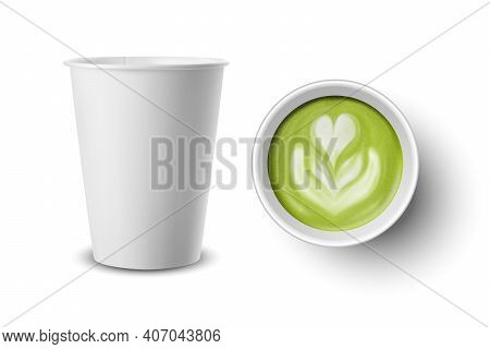 Vector 3d Realistic Paper White Disposable Cup Set Isolated With Green Milk Matcha Foam, Flower, Hea