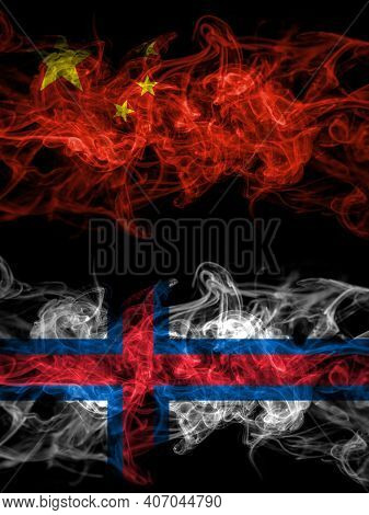 China, Chinese Vs Faroe Islands, Faroese Smoky Mystic Flags Placed Side By Side. Thick Colored Silky