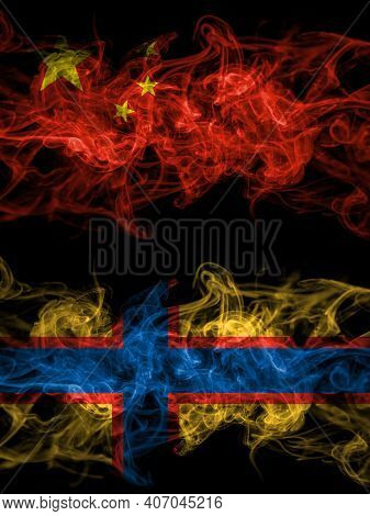 China, Chinese Vs Ingrian People Smoky Mystic Flags Placed Side By Side. Thick Colored Silky Abstrac