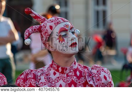 Timisoara, Romania - March 31, 2017: People In Jester Costumes At The Checkart Festival