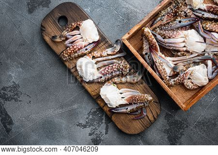 Fresh Raw Flower Crab Or Blue Crab Parts Set, On Gray Background, Top View Flat Lay , With Copyspace