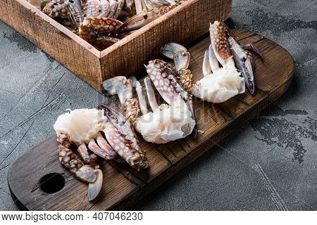 Fresh Raw Blue Swimming Crab Ocean Gourme Parts Set, On Gray Background