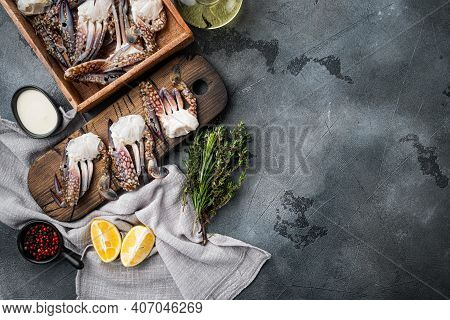 Fresh Blue Swimming Crab Parts Set, On Gray Background, Top View Flat Lay , With Copyspace  And Spac