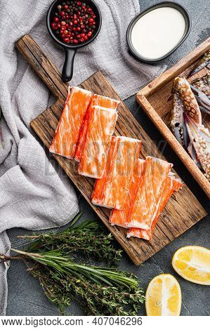 Fresh Crab Meat Stick Surimi  Set, On Gray Background, Top View Flat Lay