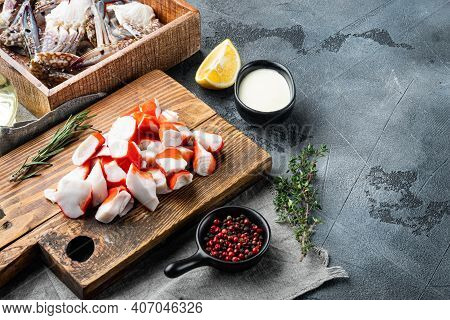 Crab Sticks Seafood Semi Finished Fish Mince With Blue Swimming Crab Set, On Gray Background , With 