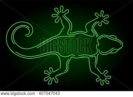 Beautiful Colorful Illustration With Shiny Green Neon Gecko Silhouette On The Dark Background