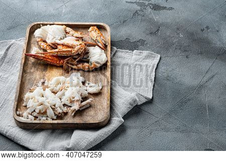 Cooked Crab Claws And Legs Meat Set, On Gray Background , With Copyspace  And Space For Text