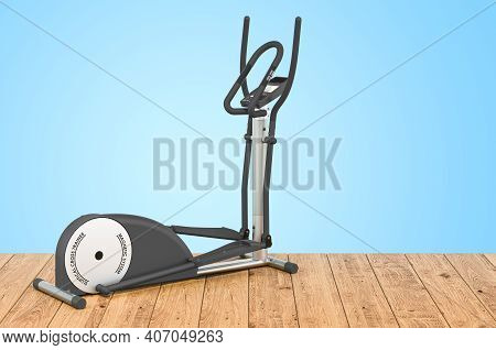 Elliptical Trainer Or Cross-trainer On The Wooden Planks, 3d Rendering