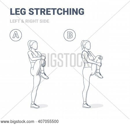 Standing Gluteus Maximus Stretch Girl Home Workout Exercise Guide. Female Doing Relaxation Leg Stret