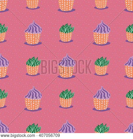 Colorful Purple And Green Cupcakes Seamless Vector Pattern. Surface Print Design For Fabrics, Statio