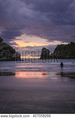 Man At The Shore Of Beach Watching Sunset. Castle Point, New Zealand.