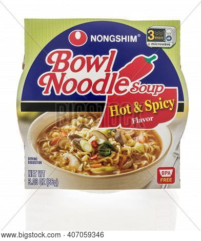 Winneconne, Wi -30 January 2021: A Package Of Nongshim Bowl Noodles Soup Hot And Spicy  On An Isolat
