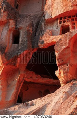 Close-up Of The Entrance To The Pink Cave Made Of Stone. Cave Complex In Turkey, Cappadocia.