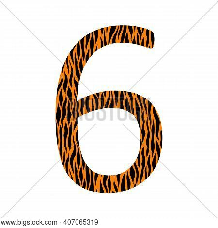 Decorative Black And Oranje Number 6 With Animal Ornament. Tiger Skin. Textured Curved Lines Effect.