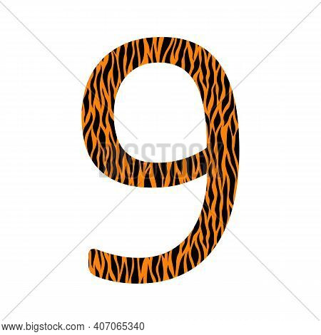 Decorative Black And Oranje Number 9 With Animal Ornament. Tiger Skin. Textured Curved Lines Effect.