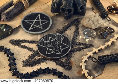 Scary Symbols Of Devil And Pentagram With Black Candles And Crystals On Old Paper. Esoteric, Gothic 