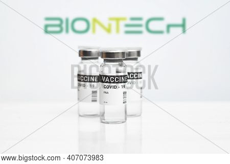 Kremenchuk, Ukraine - 03.02.2021: Biontech Inc. Coronavirus Vaccine. On A White Background. High Qua