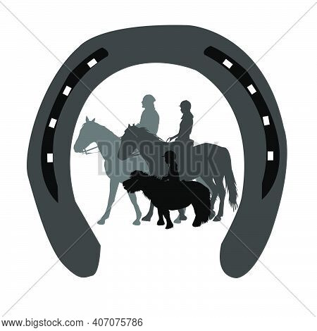 Emblem Riding Club With Silhouettes Of Riders Of All Ages In A Horseshoe