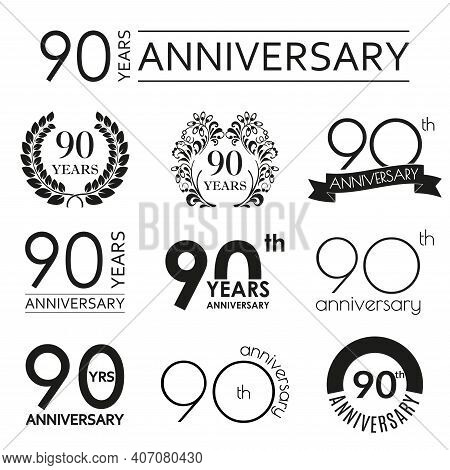 90 Years Anniversary Icon Set. 90th Anniversary Celebration Logo. Design Elements For Birthday, Invi