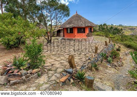 Beautiful Colored Traditional Ethiopian House Situated In Mountain Landscape With Scenic View To Can