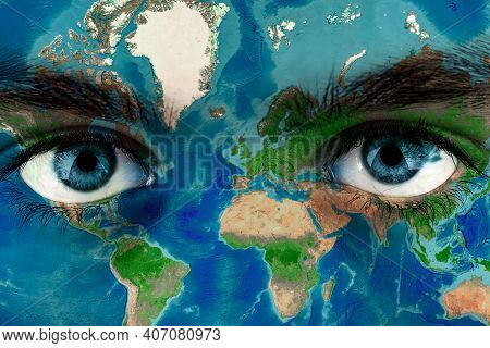 Earth Continents Painted On Face Skin, Concept Save The Planet. Image Of Earth Painted On Face Skin.