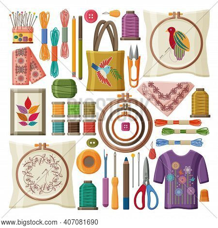 Set Of Embroidery Products And Tools Isolated On White Background. Embroidery Hoop, Threads And Need