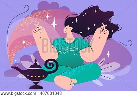 Making Wish, Dreaming, Magic Concept. Young Woman Sitting And Making Wish With Crossed Fingers And M