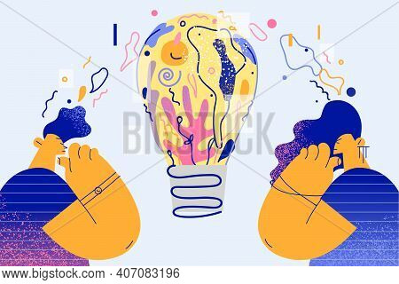 Creativity, New Ideas, Innovation Concept. Creative People Standing And Looking At Huge Light Bulb M
