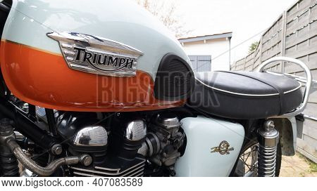 Bordeaux , Aquitaine France - 02 05 2021 : Triumph Bike Bonneville T100 Anniversary Detail Sign And 
