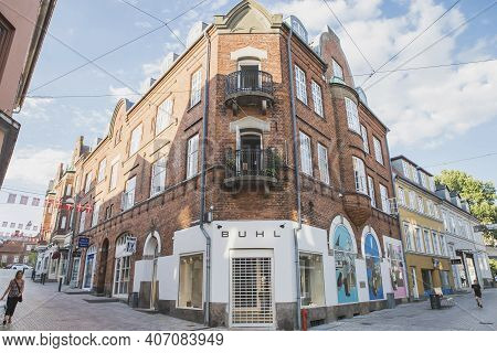 Viborg, Denmark, August 2018: Old Brick Corner House In Denmark