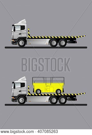 Image Of A Modern European Truck For Transporting Special Equipment. The Tow Truck Is Transporting A