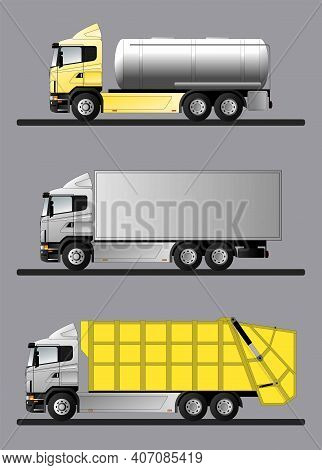 Options For Modern European Trucks For The Transport Of Various Goods. Flat Style Line Art Illustrat