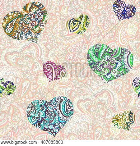 Seamless Pink Pattern With Filigree Hearts On Lace Ornamental Background, Floral Ornament