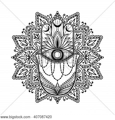 Graphic Hamsa Hand Traditional Abstract Isolated In White Background.boho Indian Shape.ethnic Orient