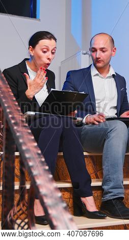 Disgruntled Businesswoman Arguing Employee Working Overtime On Unrespected Deadline Project Sitting 